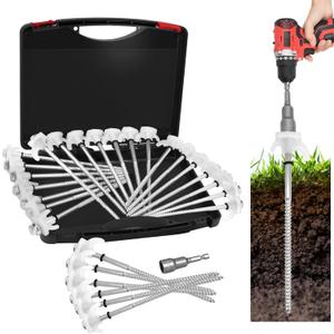 20 Pack 8" Screw in Tent Stakes Heavy Duty- Ground Anchors Screw- Tent Pegs Camping Stakes- Hex Pegs Drillable Tent Stakes and Hexagon Head Drive and Storage Box (White)