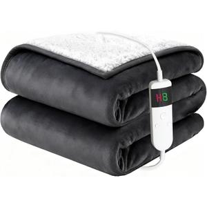 Electric Blanket Heated Throw, Soft Flannel 50"x60" Heating Blanket with 8 Hours Auto Off 10 Fast Heating Levels Machine Washable Sherpa Heated Blanket with Overheating Protection (Gray)