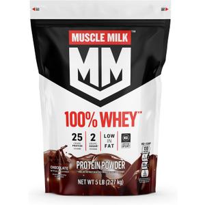 Muscle Milk 100% Whey Protein Powder, Chocolate, 5 Pound, 66 Servings, 25g Protein, 2g Sugar, Low in Fat, NSF Certified for Sport, Energizing Snack, Workout Recovery, Packaging May Vary (EXP 01/15/26)