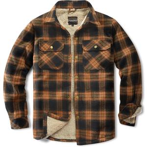 Men's Sherpa Lined Cotton Flannel Shirt Jacket Plaid Button Up Jacket Coat for Men with Pocket (Large Tall, Orange Block)