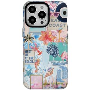 Seashells Beach Summer Jellyfish Collage Phone Case Compatible with iPhone 16Pro,Scratch Resistant Hybrid 2-Layer Hard Shell