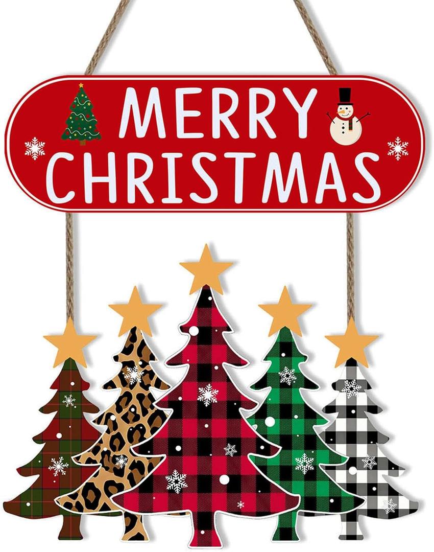 Merry Christmas Door Decorations Sign, Wooden Christmas Tree Wreaths for Front Door, Buffalo Plaid Wooden Wall Sign - Welcome Hanging Decor, Indoor & Outdoor