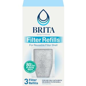 Brita Refillable Water Filter Refill Packs for Pitchers and Dispensers, BPA-Free, 80% Less Plastic*, Each Lasts Two Months, For Use with Refillable Shell (Sold Separately), 3 Filters