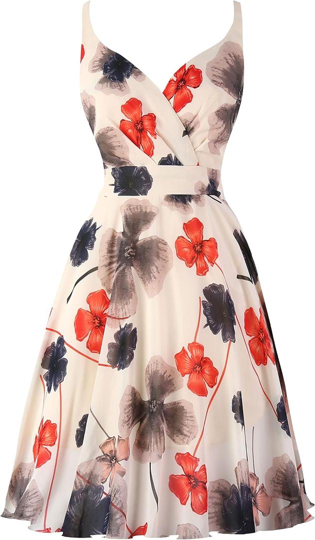 Dressever Summer Cocktail Dress V-Neck Adjustable Spaghetti Strap Chiffon Sundress (Medium, Beige Flower)