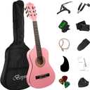 30in Beginner Acoustic Guitar Basic Starter Kit Tuner Bag Capo Strings Winders Strap Picks Student/Kids Guitar Pickguard with Gig Bag Pink
