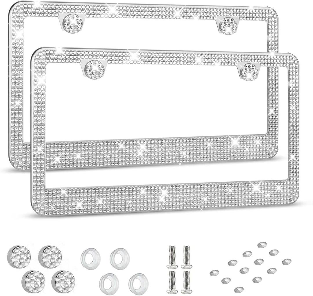 HOTOR License Plate Frame - Lastingly Bling and Sparkly License Plate Frame for Women, Stainless Steel & Obstruction-Free Frame with Multifaceted Rhinestones,Black, 1 Pack (White)