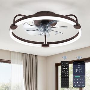LEDIARY Ceiling Fans with Lights and Remote, 20'' Low Profile Ceiling Fan with Light, 3000-6000K Dimmable Fandelier LED Fan Light, 6 Wind Speeds, Brown Modern Flush Mount Ceiling Fan for Bedroom