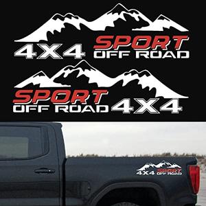 4X4 Off Road Sport with Mountain Pattern Decal Stickers 2Pcs, Fit for All Kinds of Truck Pickup SUV Sedan, with Squeegee 1Pcs, White and Red