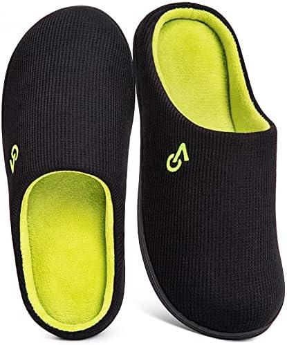 VeraCosy Men's Two-Tone Memory Foam House Slippers Indoor Outdoor Durable Rubber Sole Size 9-10 (Black/Neon Green)