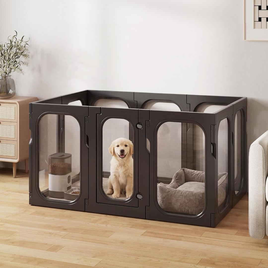 Acrylic Clear Dog Playpen Indoor with Door, 26'' H Transparent Dog Play Pen for Small Dogs, No-Connector Modular Puppy Playpen with Integrated Suction Cups Base, 10 Panels, Black