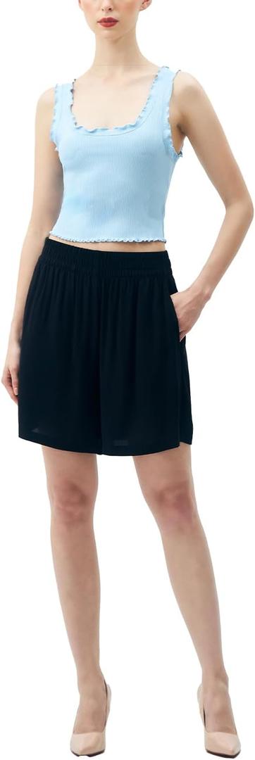 SANDY & SID 2025 Summer Womens Shorts Dressy Elastic Waist Pull On 5 Inch Inseam Pockets High Rise Stretchy Beach Casual Wear (Black, XL)