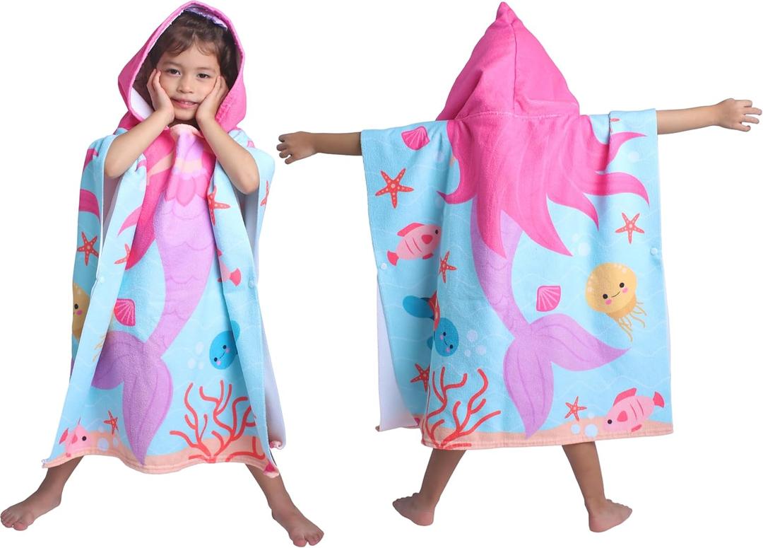 Hooded Mermaid Towel Poncho for Kids Toddler Beach, Swim and Bath Towel with Hood Robe; Kids Quick Drying Beach and Swimming Towel