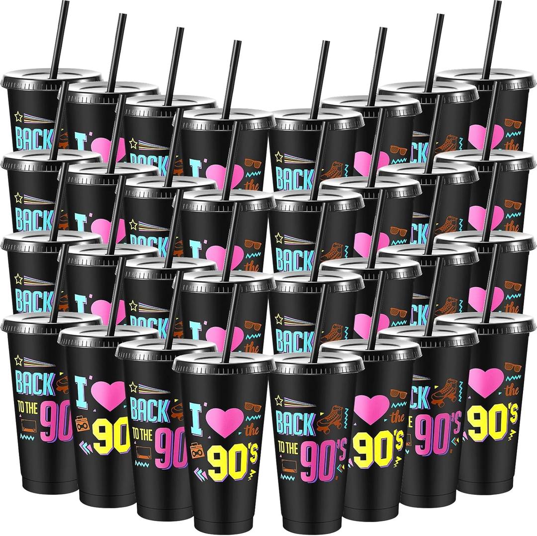 Uiifan 32 Pcs Back to the 90's I Love the 90's Birthday Reusable Cups with Lids and Straws 24 oz Plastic Tumblers Bulk Funny 90s Party Supplies