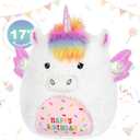 SuzziPals 17'' Happy Birthday Unicorn Plush Pillow, Soft & Squishy, White Unicorn Stuffed Animal for Cuddle, Plushie Room Decor, for Girls & Boys