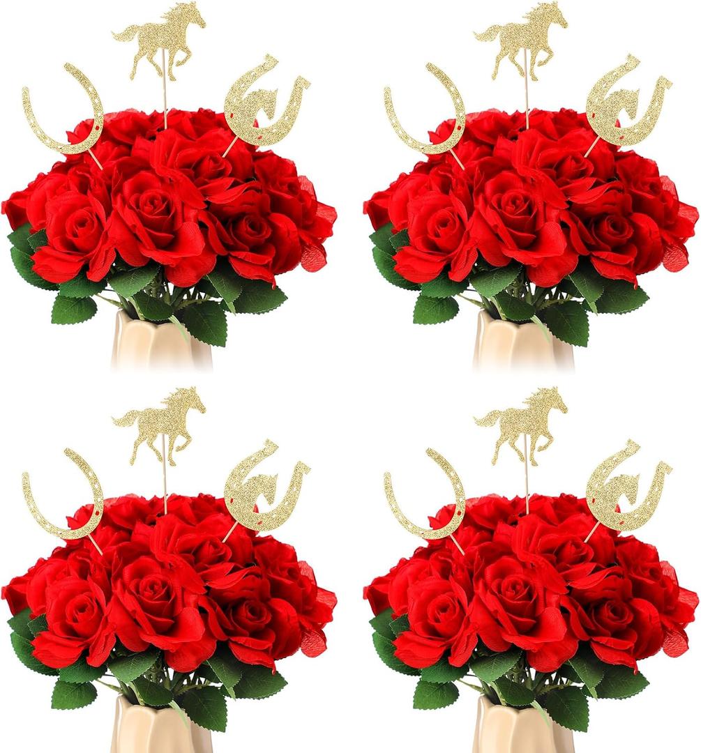 Knitgrip 48 Pcs Ky Derby Horse Party Centerpieces 24 Red Artificial Roses Flowers Bouquet 24 Pcs Derby Horseshoe Sticks Toppers for Tables Horse Day Party Decoration