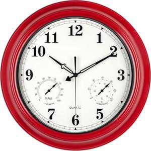 Outdoor Clocks Waterproof, 18 in Large Outdoor Clock for Patio w/Thermometer Combo, Silent Battery Operated Decorative Retro Wall Clock for Living Room/Bathroom/Pool/Indoor, Red