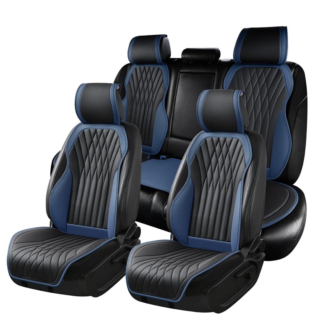BWTJF Leather Car Seat Covers Full Set, Fit for Suvs,Vans,Trucks Automotive Vehicle,Faux Leather Cushion Covers for 5 Passenger Cars (Black&Navy)