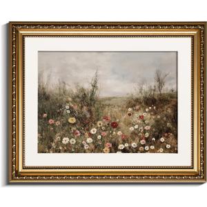 InSimSea Gold Picture Framed Wall Art, Living Room Classical Wildflower Field Meadow Flowers Canvas Print Wall Decor, Vintage Landscape Home Farmhouse Decor, Antique Paintings with Frame 13x16inch
