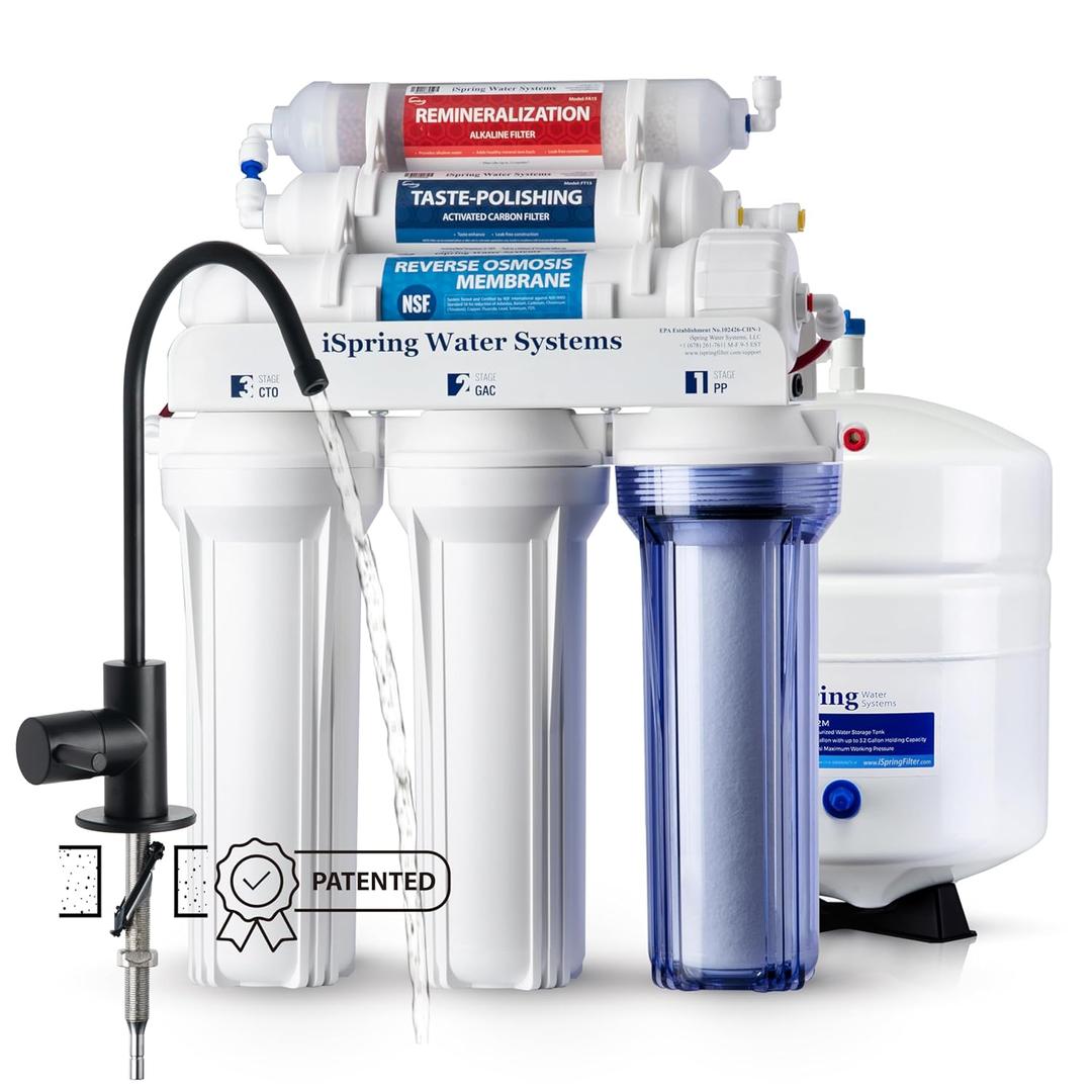 iSpring RCC7AK-BLK, NSF/ANSI 58 Certified, Alkaline 6-Stage Reverse Osmosis System with Stylish Black RO Faucet, pH+ Remineralization RO Water Filter System Under Sink