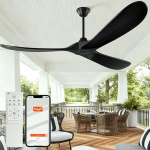 60 inch Black Outdoor Ceiling Fan No Light for Patios, Ceiling Fans Without Lights with Smart App and Remote Control, Wet Rated 3 Blades Wood Propeller Fan for Exterior Outside Porch, High CFM