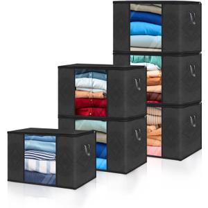 Clothes Storage Bags, Closet Organizers and Storage Containers for Clothes, Bedding & Blankets, Foldable Bedroom Organization Solution with Window, Handles & Zippers - 6 Pack,Black