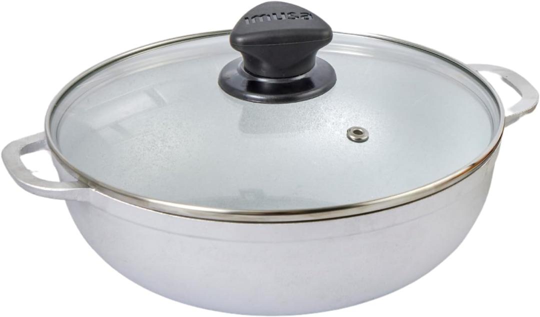 IMUSA Caldero Stock Pot with Glass Lid 2QT, 20cm, Cast Aluminum, Perfect for Serving Small Groups, Riveted Handles, Made in Colombia, Silver
