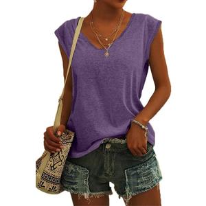Womens Cap Sleeve T Shirts V Neck Casual Tops Oversized T-Shirt Summer Trendy Lightweight Loose Fit Basic Tees (Purple, L)