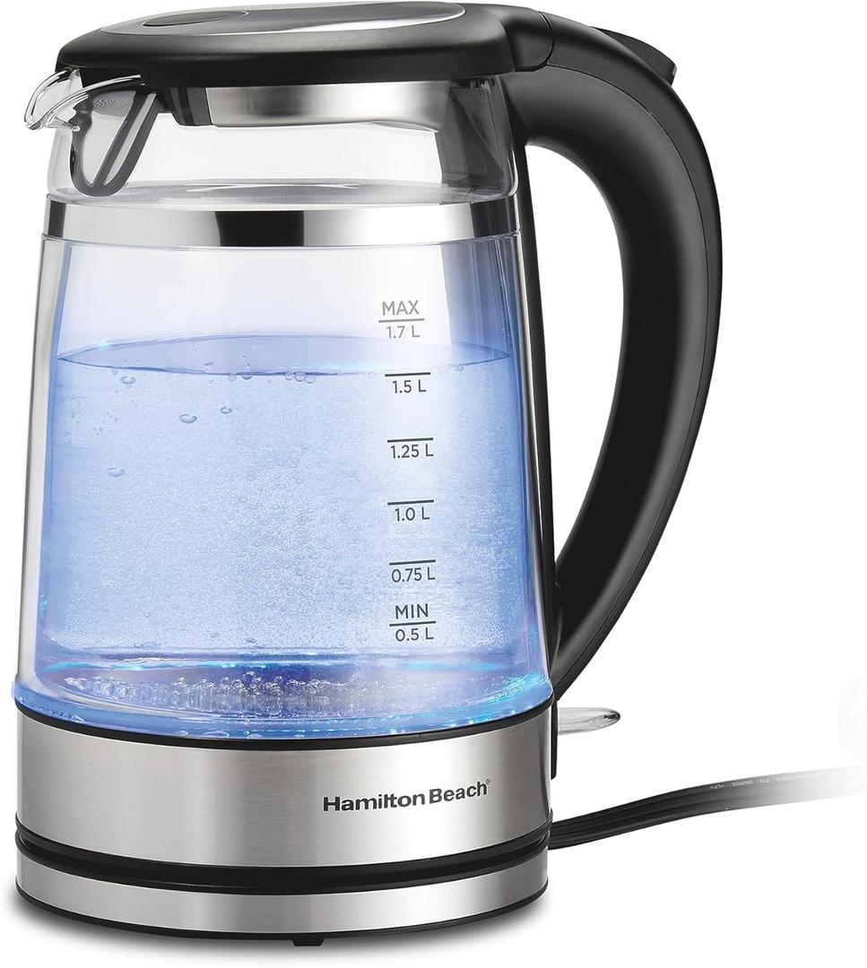Hamilton Beach Double Wall 1.7L Electric Kettle, Water Boiler & Heater, Built-In Mesh Filter, Auto-Shutoff & Boil-Dry Protection, Cordless Serving, Variable LED Indicator, Glass (40850)