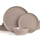 Famiware Saturn 16 Pieces Plates and Double Bowls Sets for 4, Stoneware Dinnerware Set with Pasta Bowl, Dish Set with Trim - Chip & Scratch Resistant, Microwave & Dishwasher Safe, Dark Gray