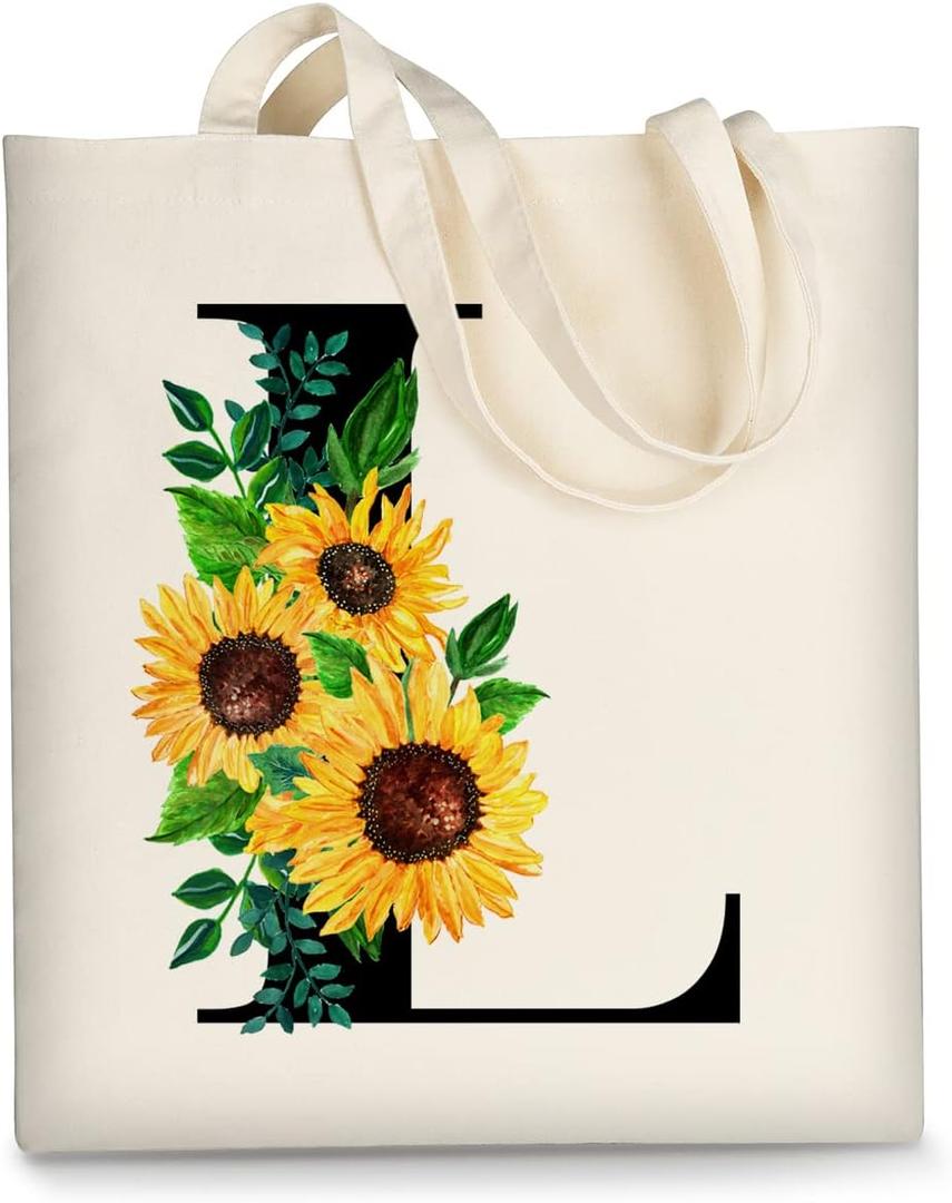 AUSVKAI Canvas Tote Bag Aesthetic for Women, Cute Sunflower Initial Trendy Monogram Personalized Initial Birthday Reusable Cloth Cotton Bags with Handle for Grocery College Shopping Beach