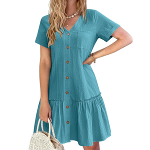 HOTOUCH Women Button Down Dress Loose Summer Cotton Linen Dress Ruffle Hem Casual Dress Short Sleeve Tunic Dress M