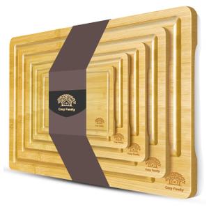 Cosy Family Wood Cutting Boards for Kitchen - Set of 5 - Bamboo Cutting Boards with Juice Groove, Serving Board Set, Thick Chopping Board for Meat, Veggies, Easy to clean