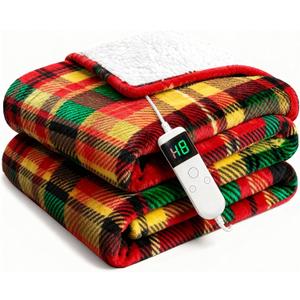 Electric Blanket Heated Throw, Soft Flannel 50"x60" Plaid Heating Blanket with 8 Hours Auto Off 10 Fast Heating Levels Machine Washable Sherpa Heated Blanket with Overheating Protection (Bright Red)