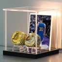 LANSCOERY Acrylic Championship Ring Display Case with 3Color LED Light, DustProof Door & Dual Stands + Photo Frame  Clear Memorabilia Showcase Box