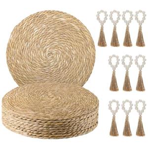 Hardcometrue Boho Woven Placemats Set of 10 with Wooden Napkin Rings, Round Charger Plates, Natural Ranttan Dinner Place Mats for Dining Table Decor - 13.8 inch