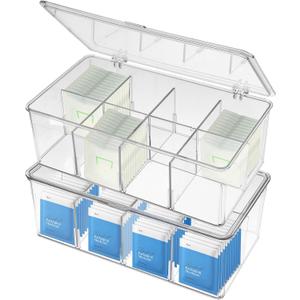 Modern Transparent 2-Pack Tea Storage Organizer with 8 Compartments & Lid, Tea-Bag Box Organizer, 10.8x6.5x3.7"