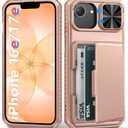 BXYJY for iPhone 16e Phone Case Wallet, Built-in Card Holder (4-5 Cards), RFID Block, Slide Camera Cover, Military Grade Protection, Rugged Women Girly Men Protective Case for iPhone16 E, Rose Gold