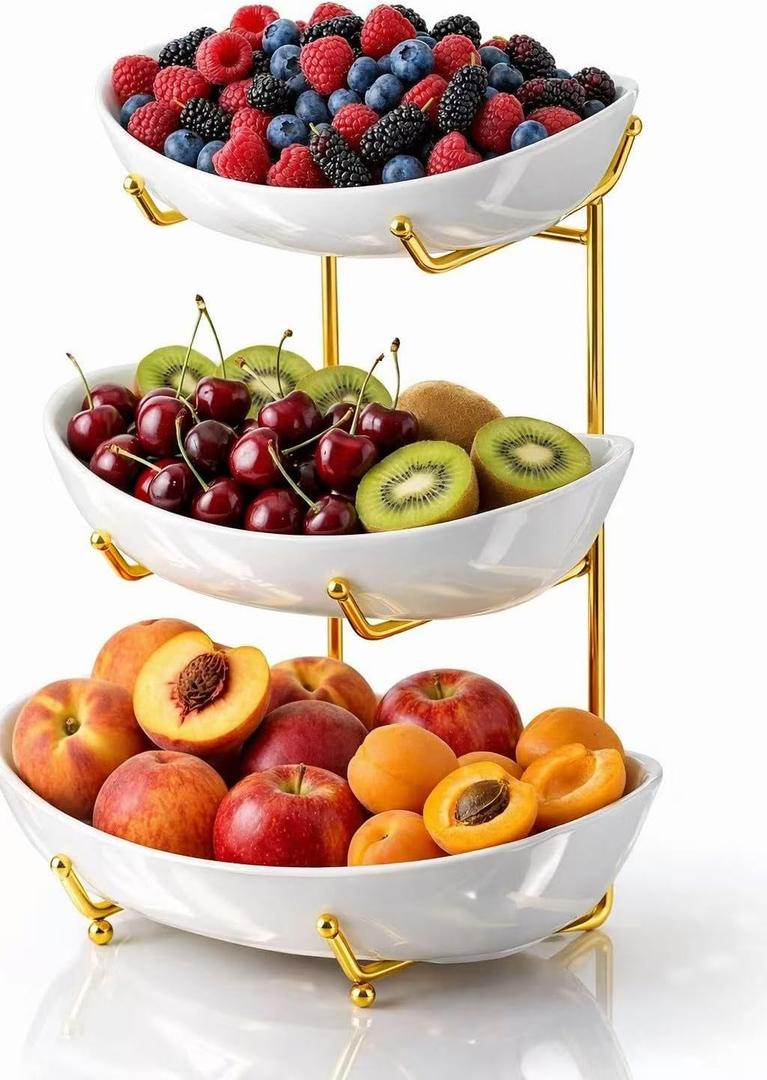 3-Tier Ceramic Fruit Bowl with Reinforced Thickened Gold Metal Stand, Nano-Glaze Porcelain Tiered Serving Tray, Heavy-Duty Kitchen Counter & Party Dessert Display
