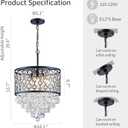WUZUPS Crystal Drum Chandelier Ceiling Pendant Light Modern Lighting Fixture for Entry Hallway Kitchen Bathroom Bedroom, H 15.7" x W 16.1", E12 Base, Black