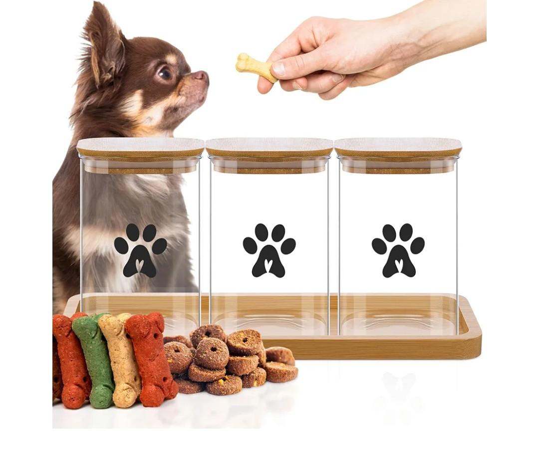Honeydak Dog Treat Container for Countertop 37oz Airtight Glass Dog Food Storage Container Set with Bamboo Lids Pet Food Organizer with Scoops, Labels, Pen