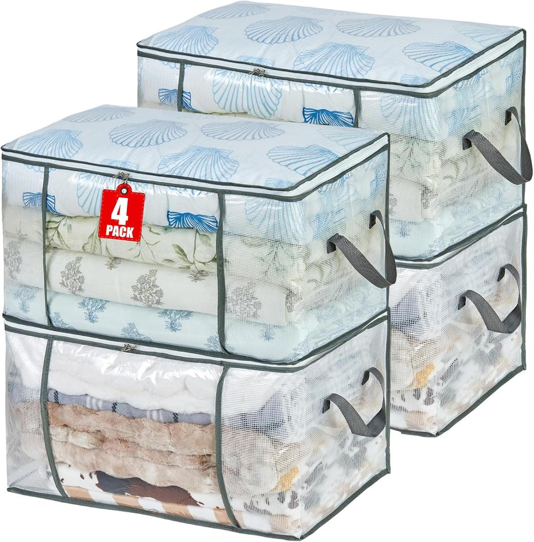 MKOKYD 80L Clear Large Storage Bag, Clothes Storage Containers for Organizing Closet, Bedroom, Underbed, Comforters, Clothing, Blankets, Pillow, Foldable Organizer with Sturdy Handle and Zippers (4)