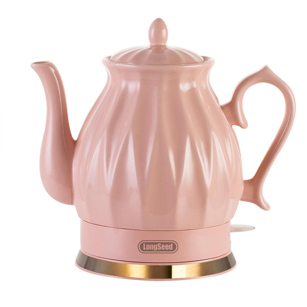 Ceramic Electric Kettle, 1.5L/1200W Boil Water Quickly and Easily with Boil-Dry Protection Auto Shut Off, Detachable Swivel Base, Diamond Cut Glazed (Pink)