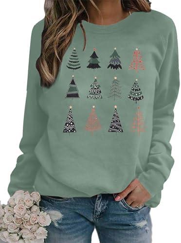 ASTANFY Christmas Sweatshirt Womens Christmas Tree Sweatshirts Xmas Lightweight Pullover, Size S, Green