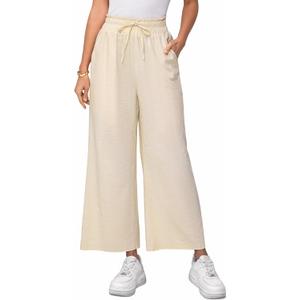 Women's Linen Pants Relaxed Fit High Waisted Boho Chic Ankle Pants Summer Beach Vacation Wide Leg Trousers (Beige)