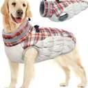 FUAMEY Dog Coat for Large Dogs,Waterproof Dog Winter Jacket with Harness Built in Puppy Cold Weather Coats Reflective Pet Vest with Zipper Warm Fleece Dogs Snowsuit Windproof Red Plaid L (L(chest:24in))