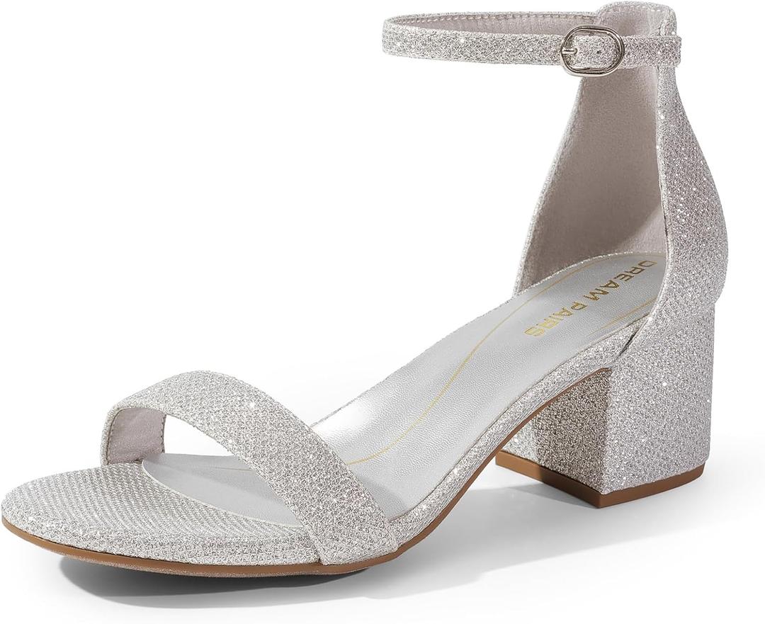 DREAM PAIRS Womens Low-Chunk Low Heel Pump Sandal (7 Wide, Silver/Glitter)