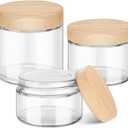 Glass Cosmetic Jars with Plastic Woodgrain Lids, 4 oz, 2 oz 1 oz Small Glass Storage Jars with Lids & Stickers, Reusable Clear Travel Containers for Creams, Lotion, Balms, Ointment 3 pack