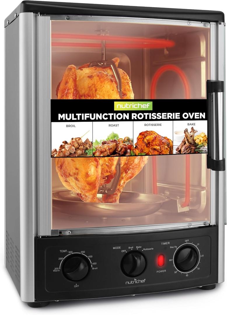 NutriChef Multi-Function Rotisserie Countertop Oven | 24 Quart Vertical Glass Door Convection Oven, for Rotisserie Roasting & Broiling | Timer & Temperature Control | 13.4 x 12.2 x 18.9