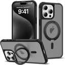 for iPhone 15 Pro Case 6.1 Inches 360Rotatable Magnetic Ring Invisible Stand,[Compatible with Mag-Safe] Military Shockproof Frosted Translucent Case,Black