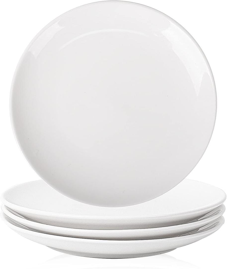 DELLING 7 Inch Appetizer Plates Set, White Ceramic Dessert Plates/Salad Plate - Small Round Serving Plates for Snacks, Side Dishes, Pasta, Microwave & Dishwasher Safe - Set of 4